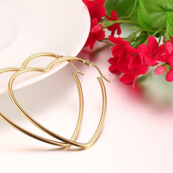 Gold Plated Heart Shape Hoop Earrings Stainless Steel Hypoallergenic Large Hoops - Picture 4 of 7